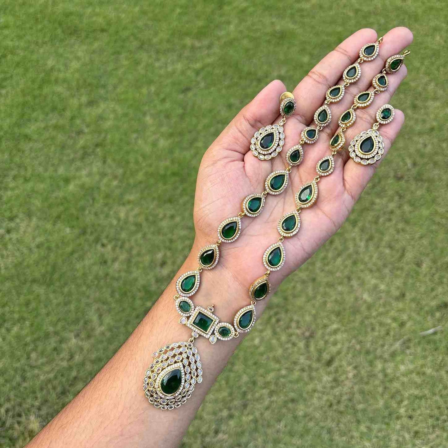 Premium Quality Jothika Inspired Haram Emerald Stone Haram with earrings H0064-N89