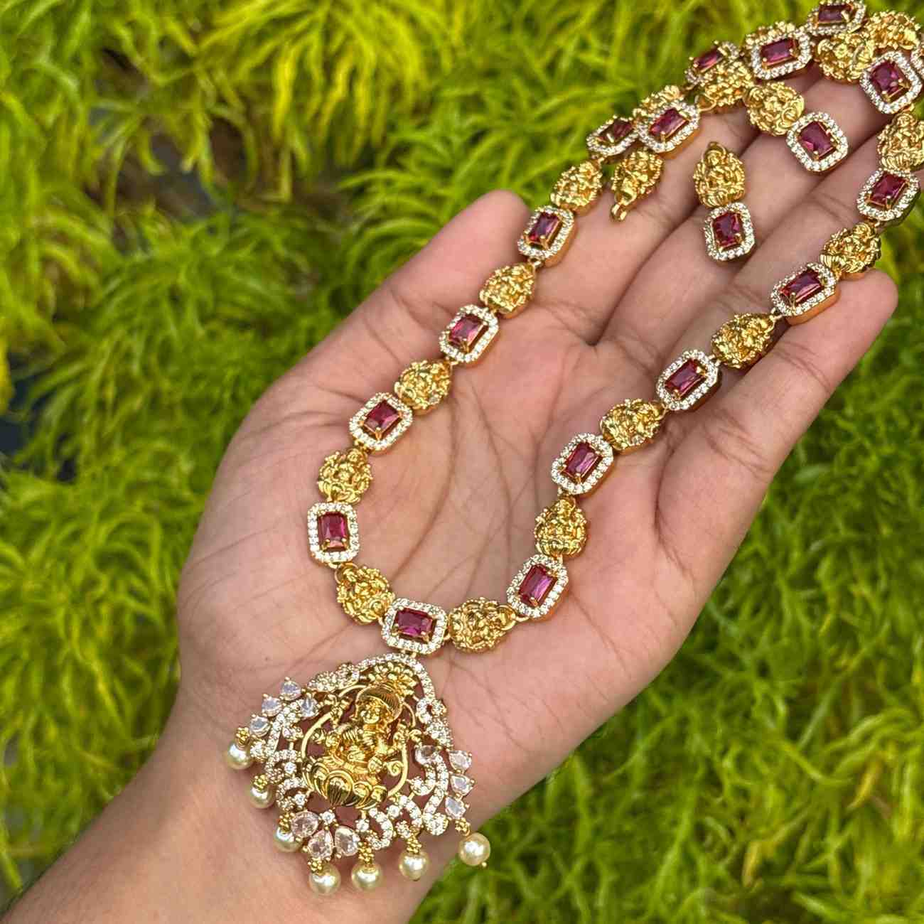Premium Quality Lakshmi Pendent Ruby Stone Haram with earrings H0063-I70