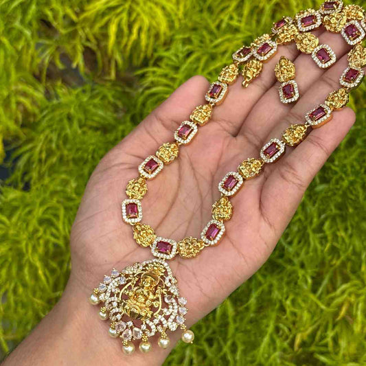 Premium Quality Lakshmi Pendent Ruby Stone Haram with earrings H0063-I70