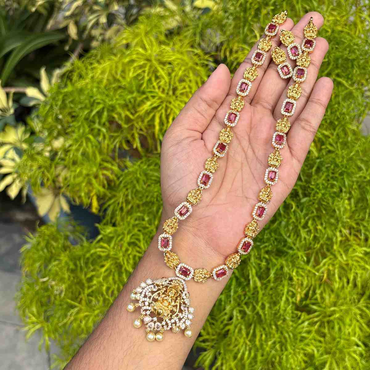Premium Quality Lakshmi Pendent Ruby Stone Haram with earrings H0063-I70