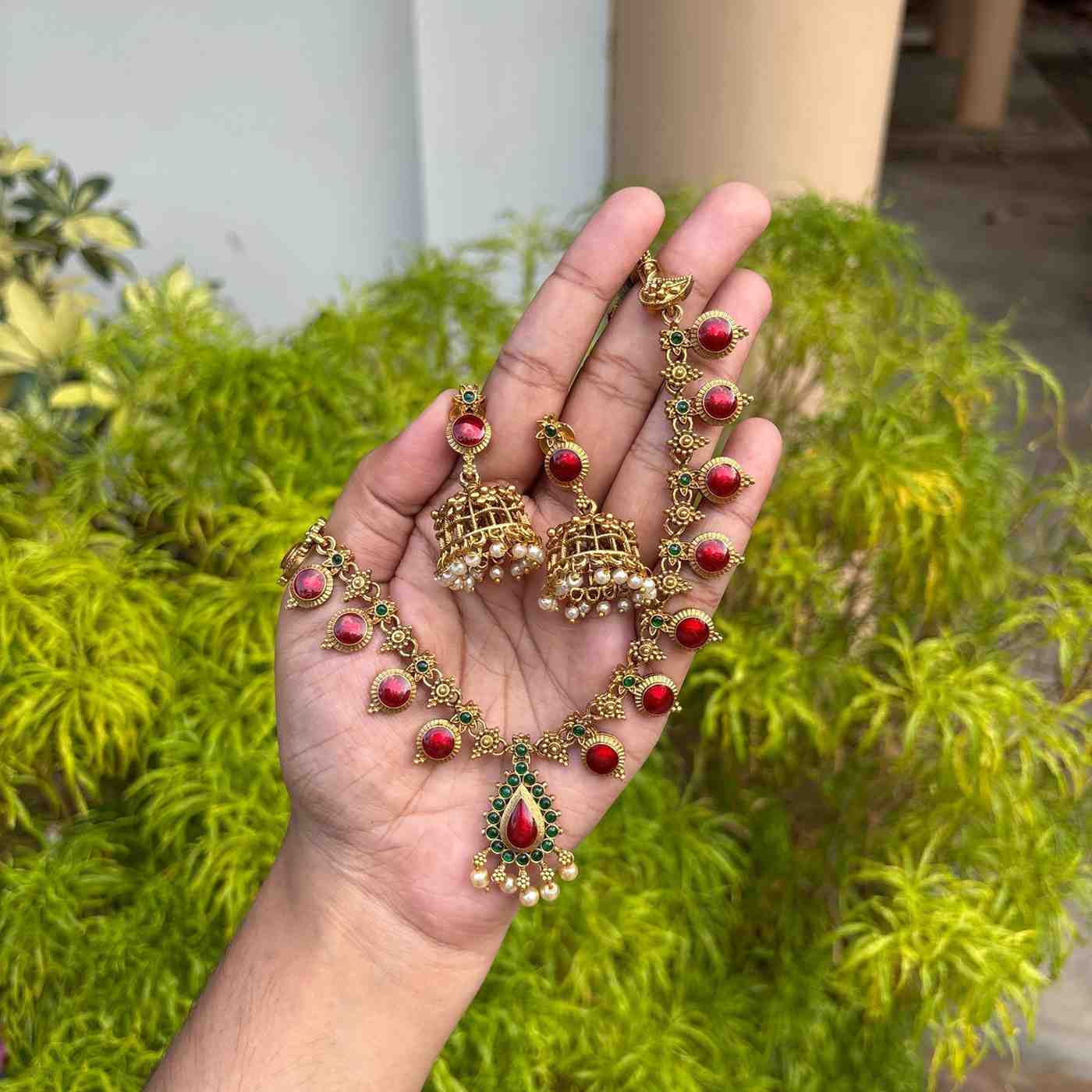 Premium Look Red Enamel Palaka Necklace with Earring N0253-D25