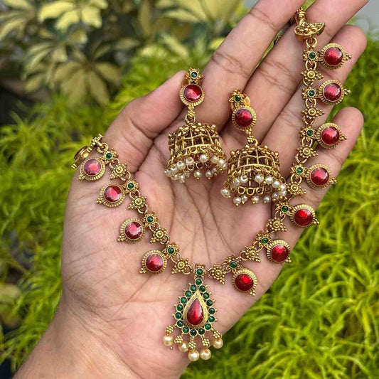 Premium Look Red Enamel Palaka Necklace with Earring N0253-D25