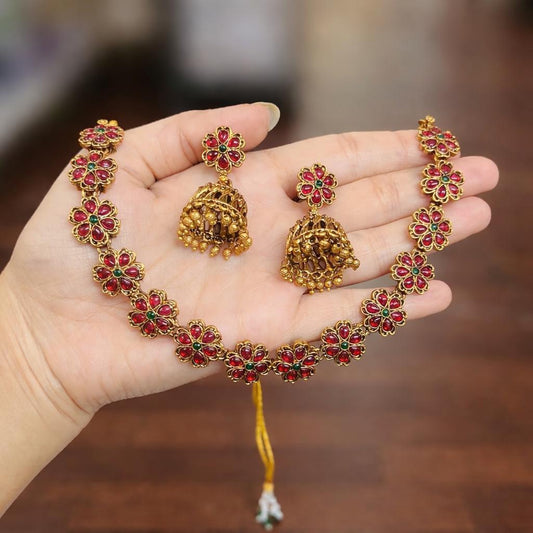 Floral Kemp Stone Necklace With Jhumka N0079-CD19