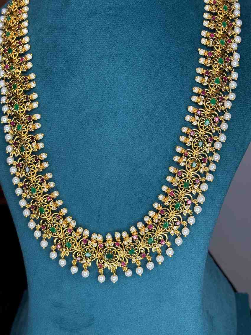 Premium Quality Floral Pattern designed with Emerald Green Ruby Red Pearl Haram with earring H0037-CI98