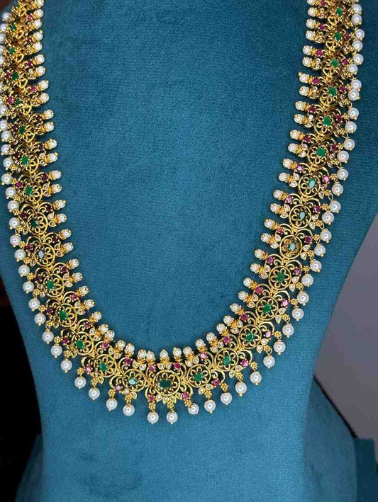 Premium Quality Floral Pattern designed with Emerald Green Ruby Red Pearl Haram with earring H0037-CI98