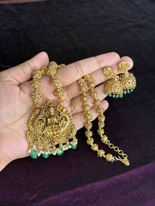 Middle Length Chettinad Haram Matte Finish Lakshmi Pendent with Green Beads H0036-CJ49