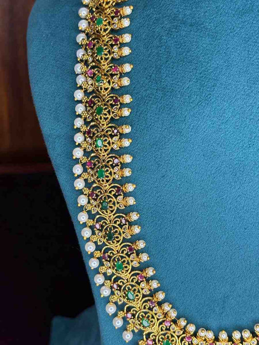 Premium Quality Floral Pattern designed with Emerald Green Ruby Red Pearl Haram with earring H0037-CI98