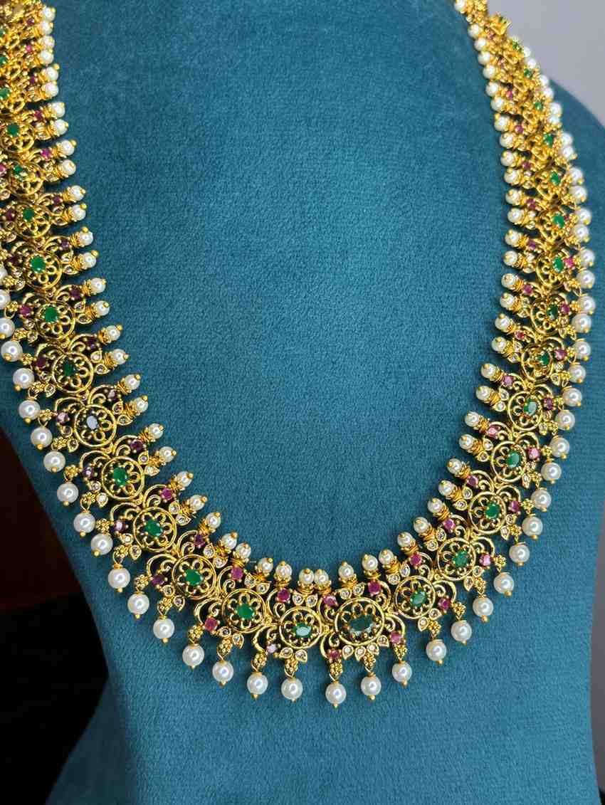 Premium Quality Floral Pattern designed with Emerald Green Ruby Red Pearl Haram with earring H0037-CI98