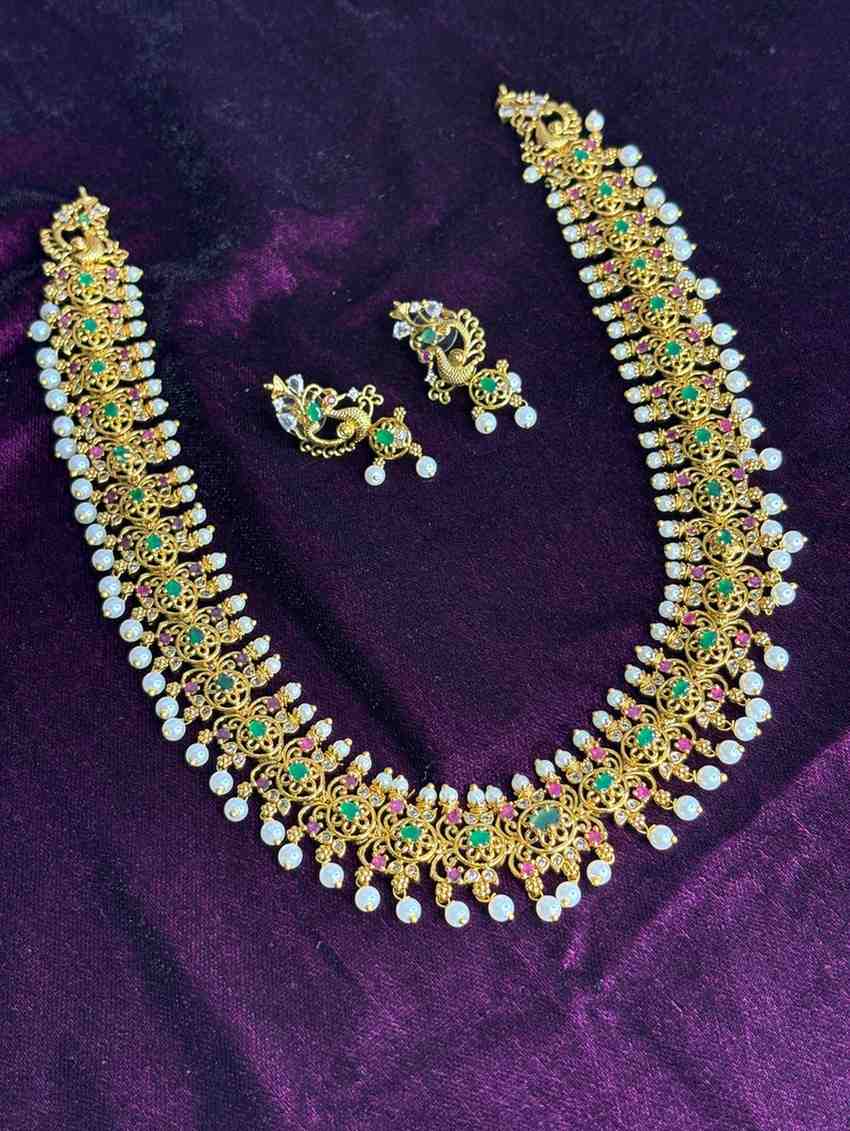 Premium Quality Floral Pattern designed with Emerald Green Ruby Red Pearl Haram with earring H0037-CI98
