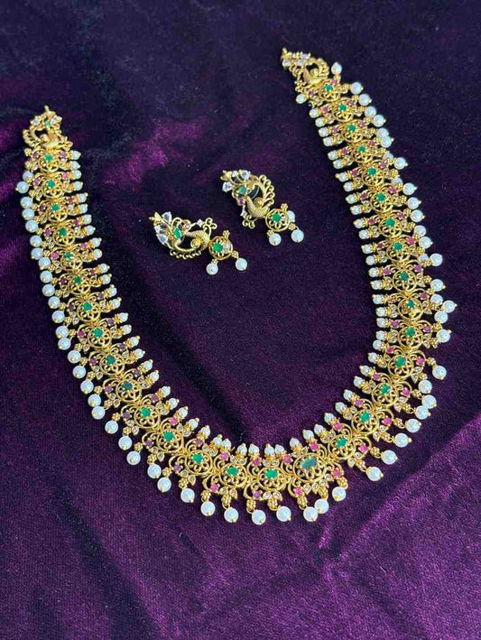 Premium Quality Floral Pattern designed with Emerald Green Ruby Red Pearl Haram with earring H0037-CI98