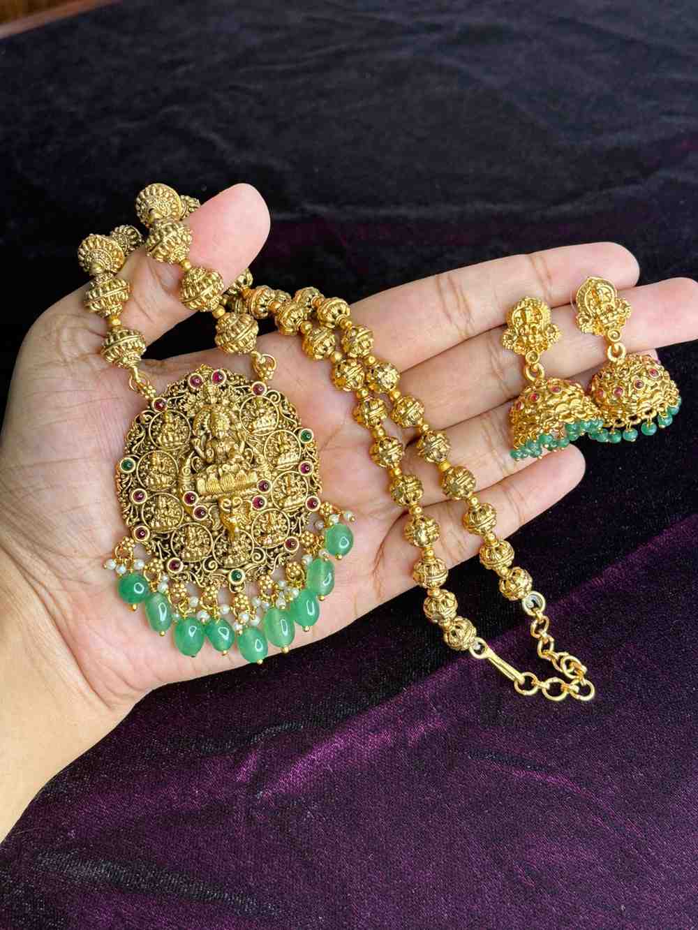 Middle Length Chettinad Haram Matte Finish AshtaLakshmi Pendent with green Beads H0038-CJ49