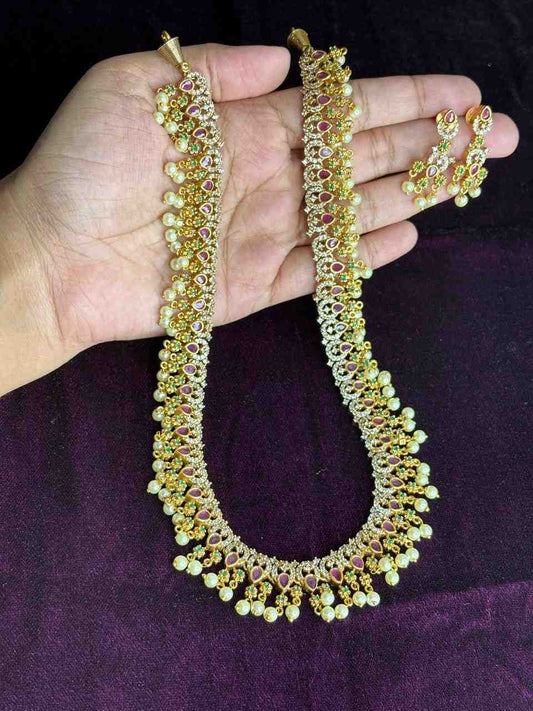 Premium Quality Stone Haram designed with ruby red emerald green stones with pearl hanging H0022-CI77