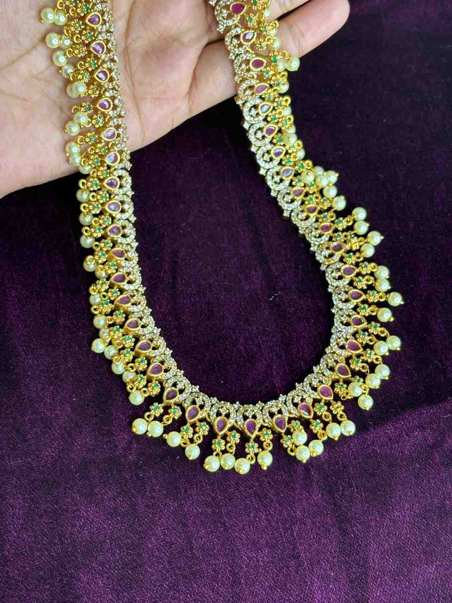 Premium Quality Stone Haram designed with ruby red emerald green stones with pearl hanging H0022-CI77