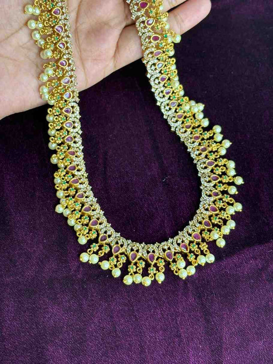 Premium Quality Stone Haram designed with ruby red emerald green stones with pearl hanging H0022-CI77