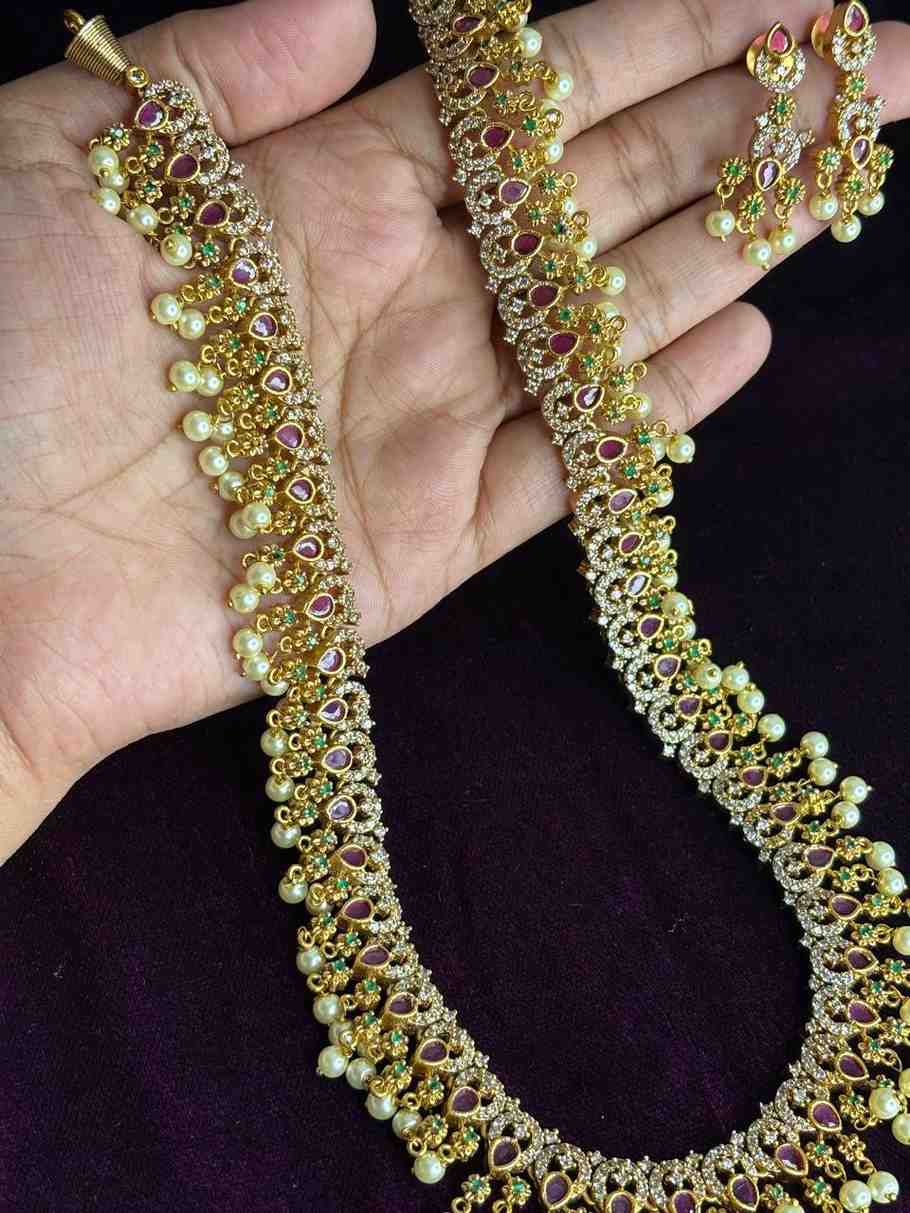 Premium Quality Stone Haram designed with ruby red emerald green stones with pearl hanging H0022-CI77