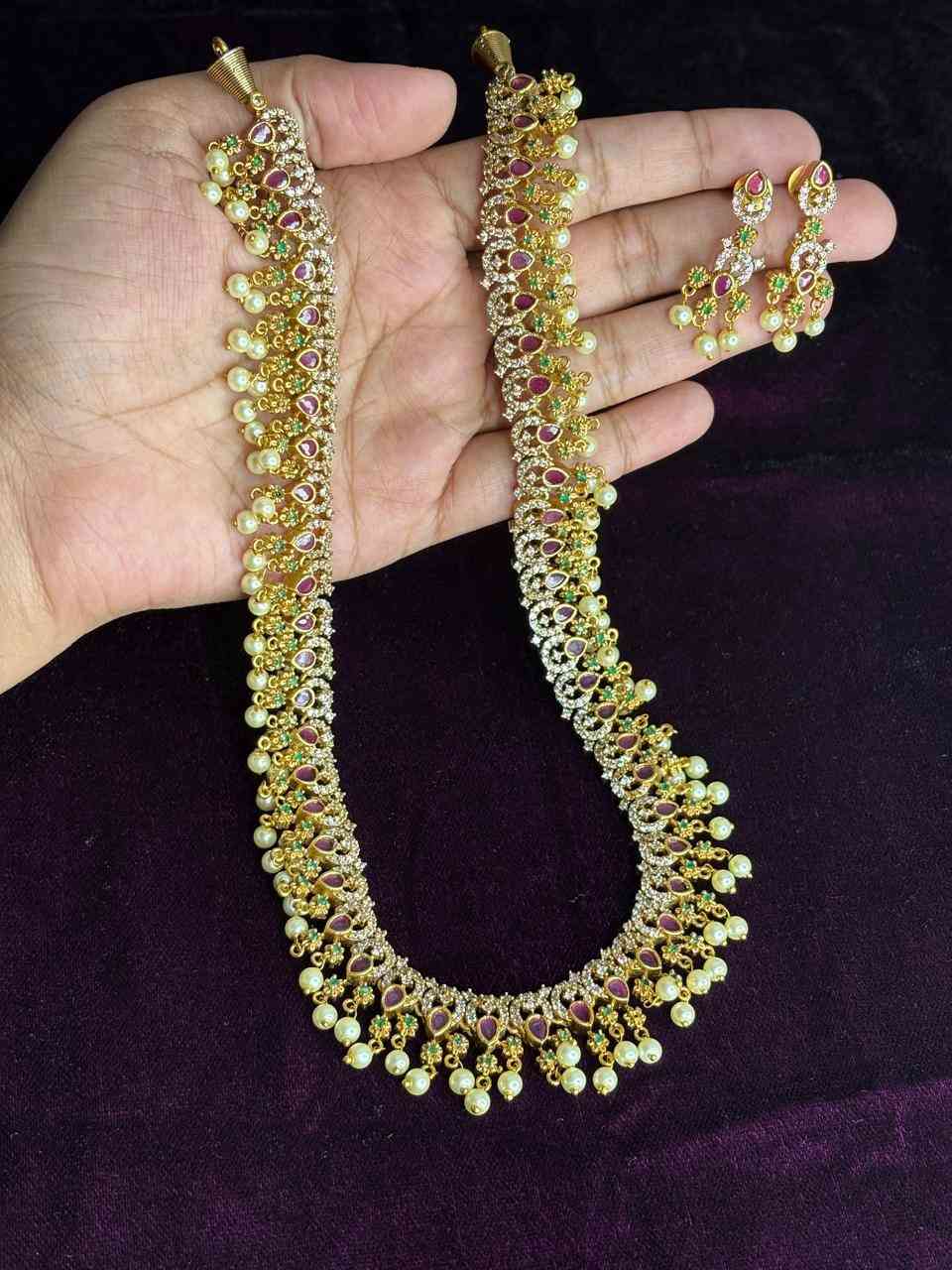 Premium Quality Stone Haram designed with ruby red emerald green stones with pearl hanging H0022-CI77