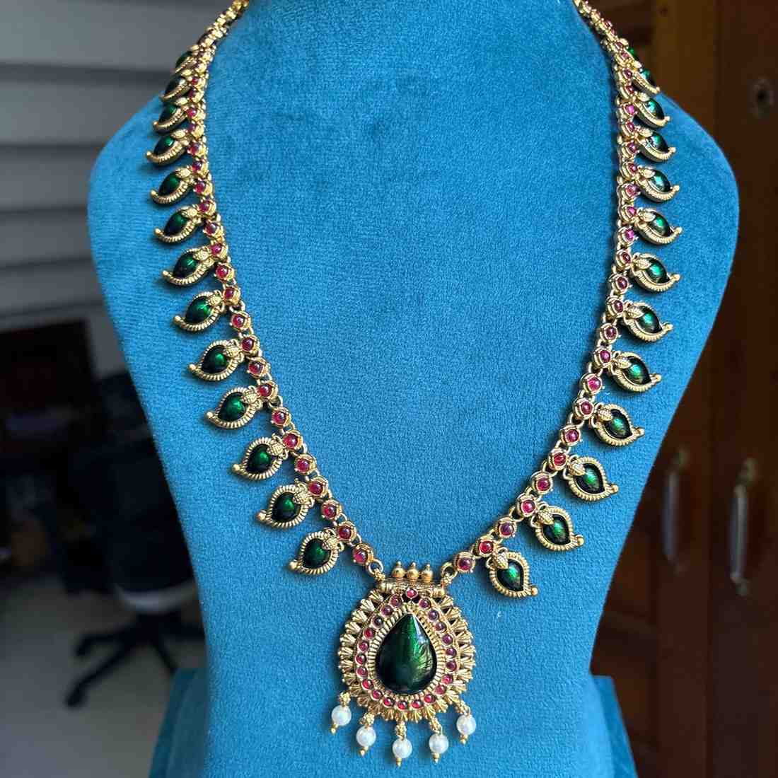 Premium Look Green Enamel Palaka Manga Haram with earrings H0066-D36