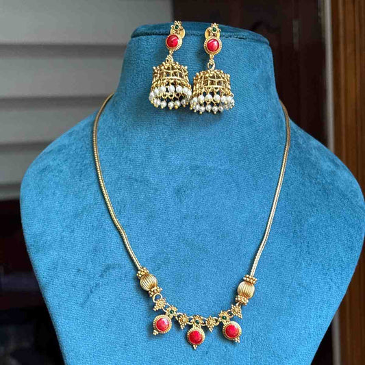 Premium Look Red Enamel Palaka Manga  Middle length Haram with earrings H0068-D21