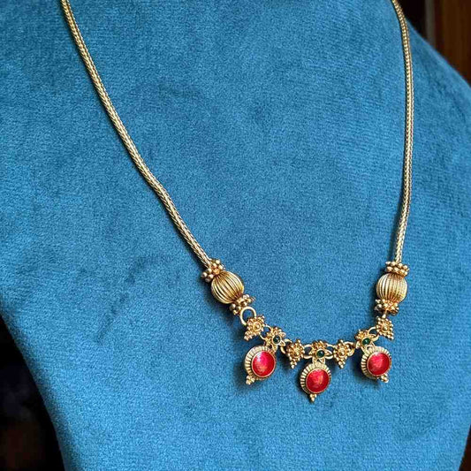 Premium Look Red Enamel Palaka Manga  Middle length Haram with earrings H0068-D21