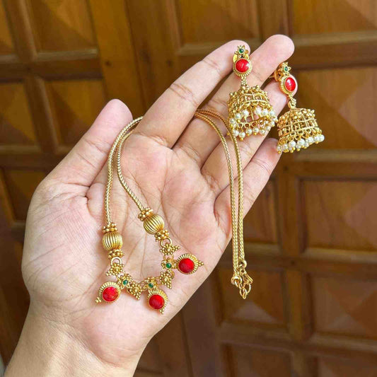 Premium Look Red Enamel Palaka Manga  Middle length Haram with earrings H0068-D21