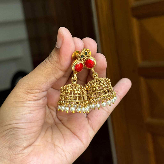 Premium Look Red Enamel Palaka Manga  Middle length Haram with earrings H0068-D21