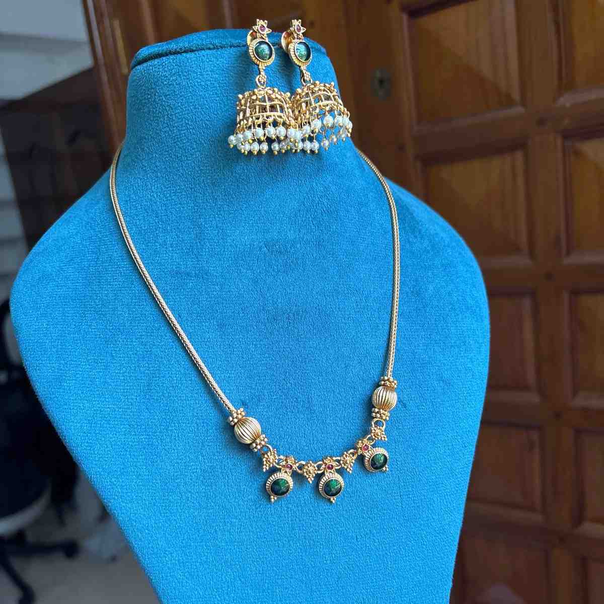 Premium Look Green Enamel Palaka Manga  Middle length Haram with earrings H0067-D21