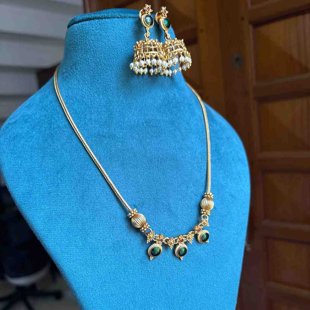 Premium Look Green Enamel Palaka Manga  Middle length Haram with earrings H0067-D21