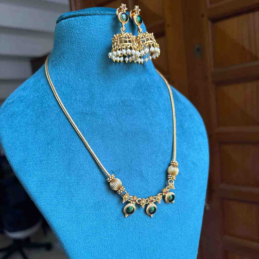 Premium Look Green Enamel Palaka Manga  Middle length Haram with earrings H0067-D21