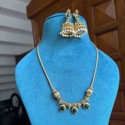 Premium Look Green Enamel Palaka Manga  Middle length Haram with earrings H0067-D21