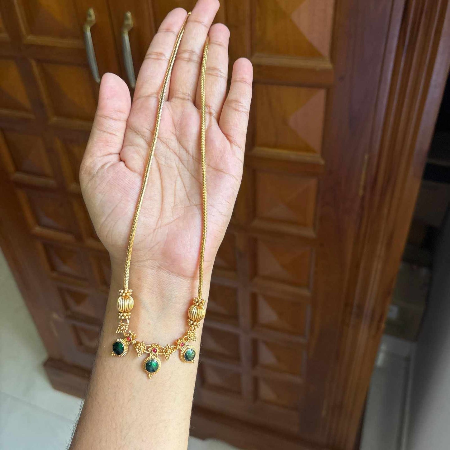 Premium Look Green Enamel Palaka Manga  Middle length Haram with earrings H0067-D21