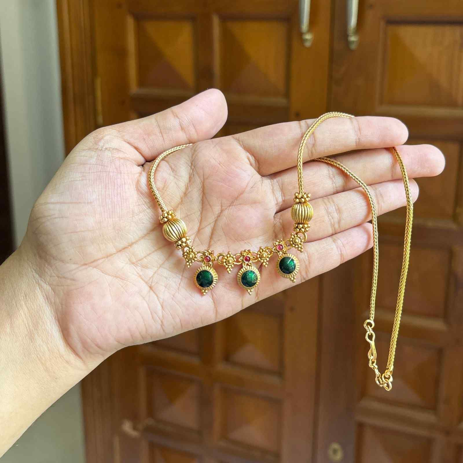 Premium Look Green Enamel Palaka Manga  Middle length Haram with earrings H0067-D21