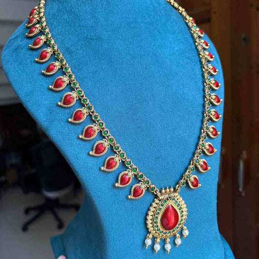 Premium Look Red Enamel Palaka Manga Haram with earrings H0065-D36