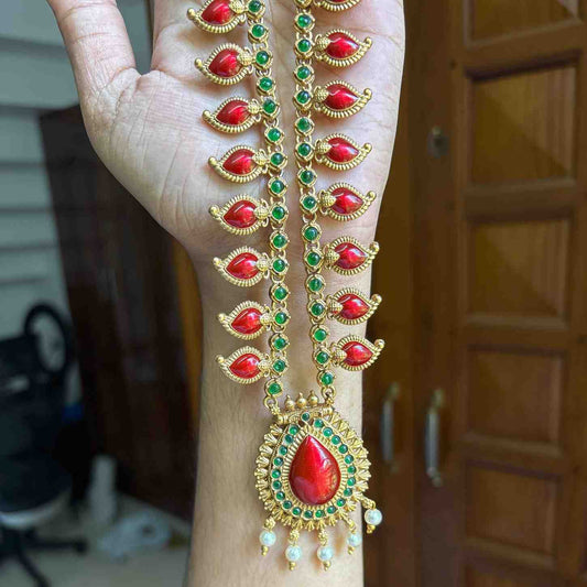 Premium Look Red Enamel Palaka Manga Haram with earrings H0065-D36