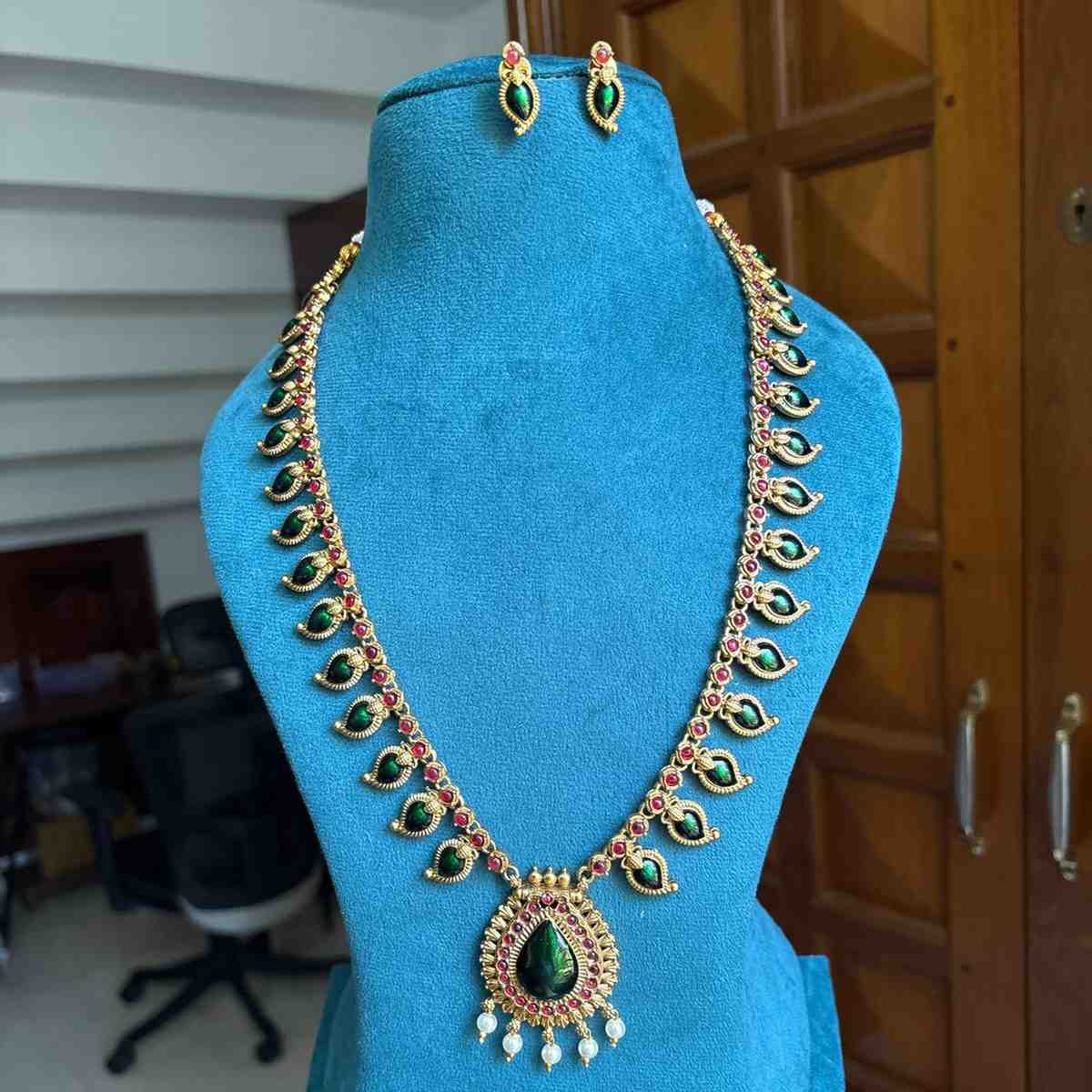 Premium Look Green Enamel Palaka Manga Haram with earrings H0066-D36