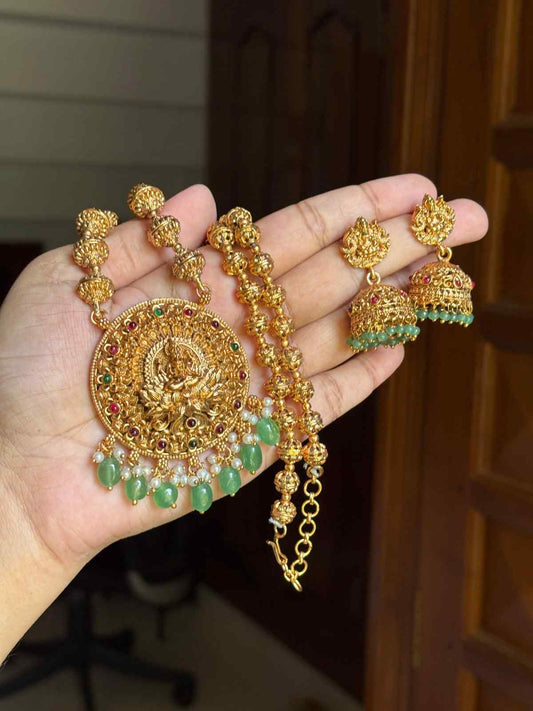 Middle Length Chettinad Haram Matte Finish Lakshmi Pendent with Green Beads H0034-CJ49