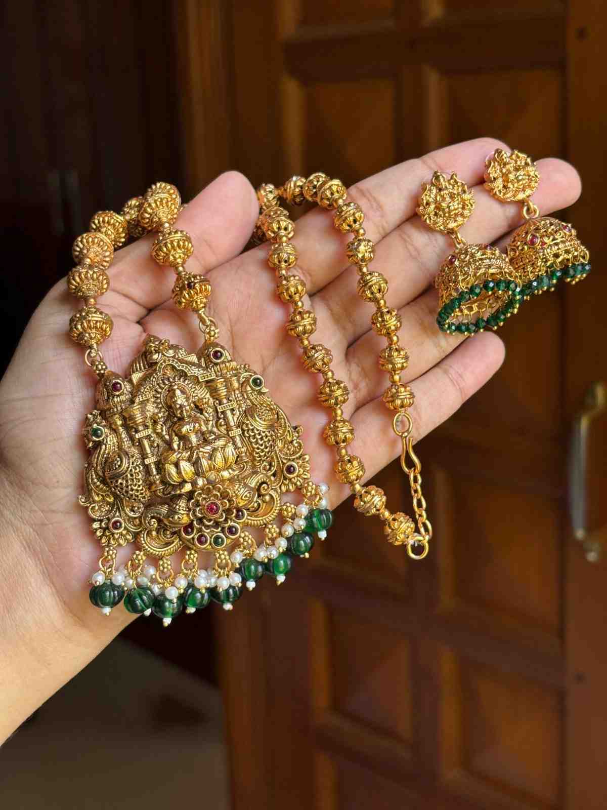 Middle Length Chettinad Haram Matte Finish Lakshmi Pendent with JHumka H0035-CJ49