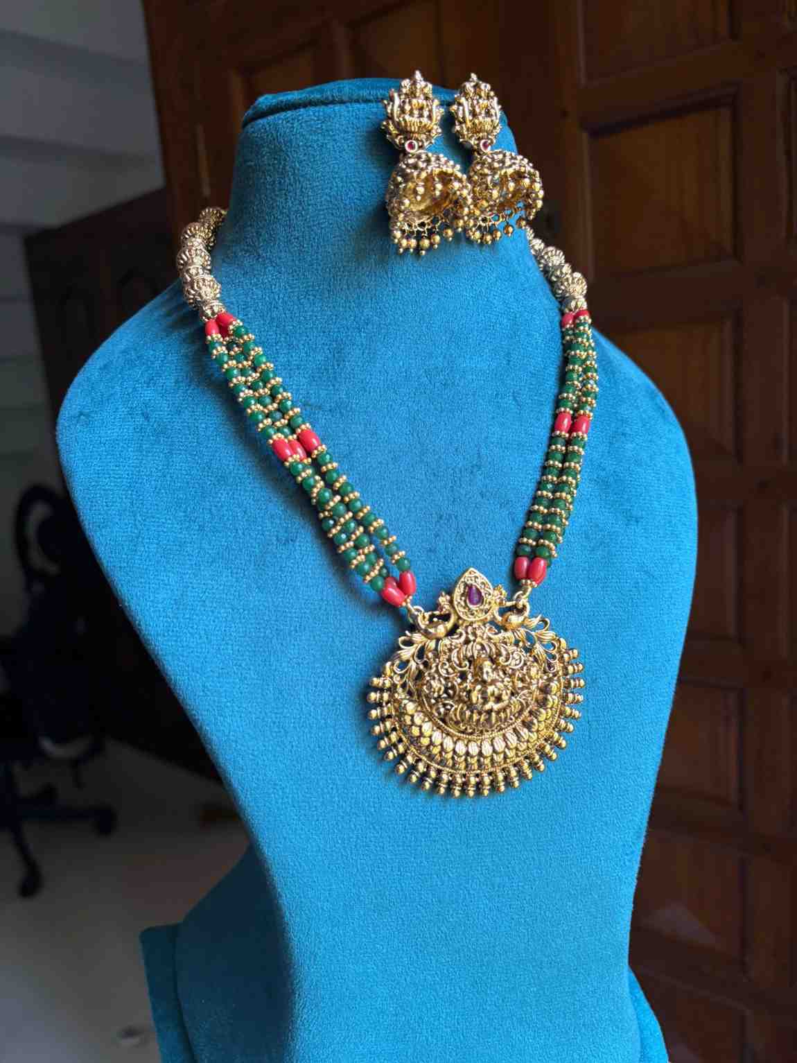 Middle Length Chettinad Green & Coral bead Haram Matte Finish Lakshmi Pendent with matching jhumka H0047-CT70