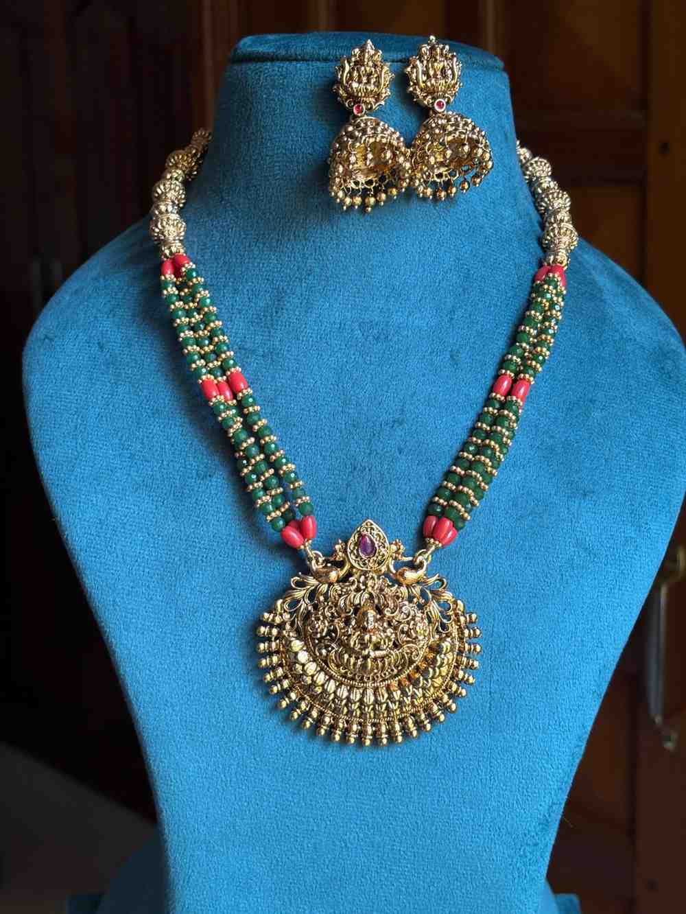 Middle Length Chettinad Green & Coral bead Haram Matte Finish Lakshmi Pendent with matching jhumka H0047-CT70