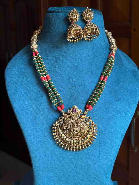 Middle Length Chettinad Green & Coral bead Haram Matte Finish Lakshmi Pendent with matching jhumka H0047-CT70