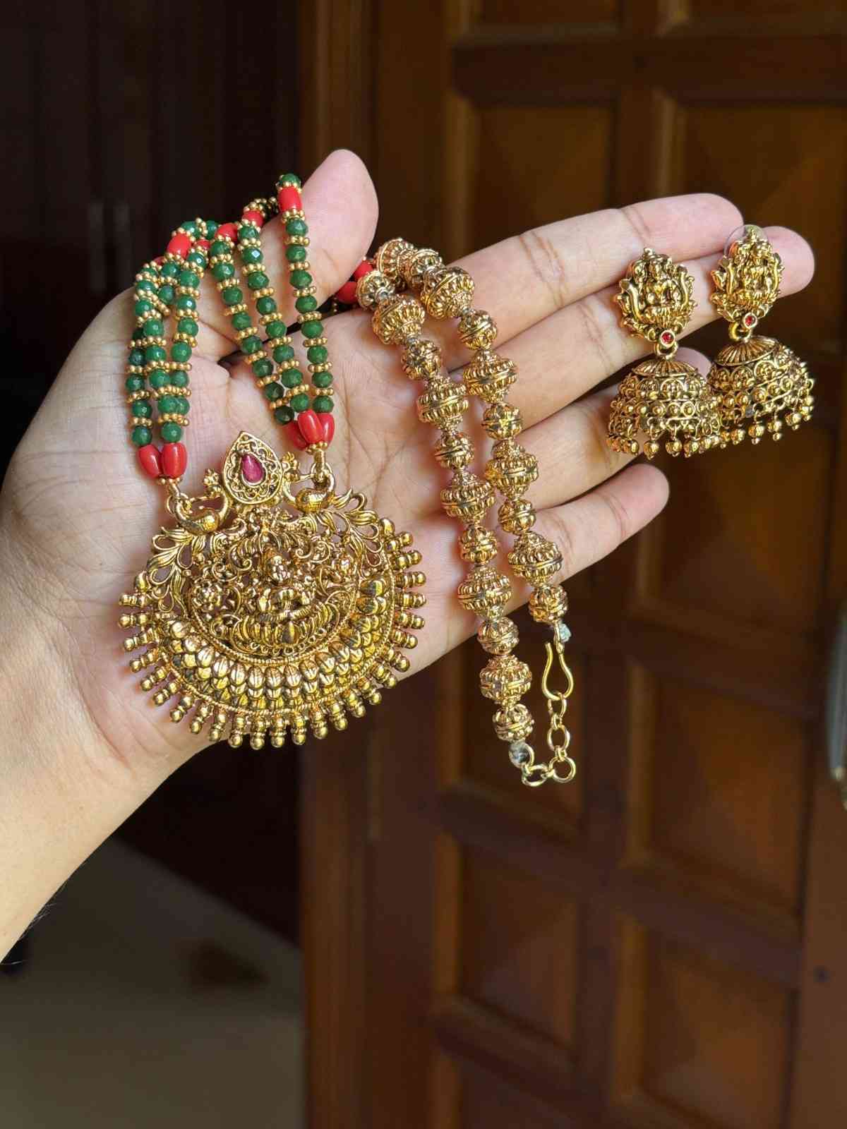 Middle Length Chettinad Green & Coral bead Haram Matte Finish Lakshmi Pendent with matching jhumka H0047-CT70
