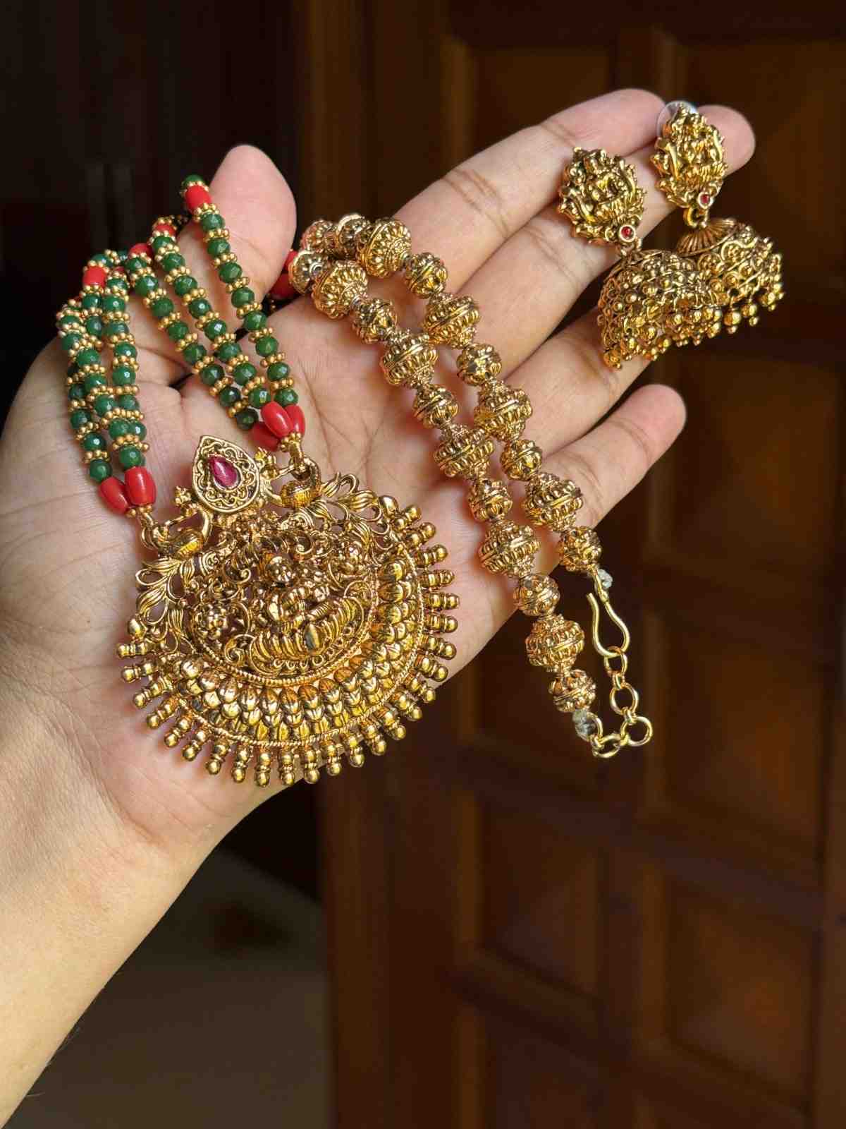 Middle Length Chettinad Green & Coral bead Haram Matte Finish Lakshmi Pendent with matching jhumka H0047-CT70