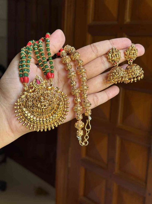 Middle Length Chettinad Green & Coral bead Haram Matte Finish Lakshmi Pendent with matching jhumka H0047-CT70
