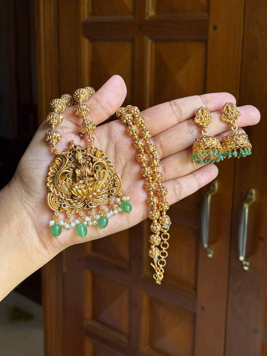 Middle Length Chettinad Haram Matte Finish Lakshmi Pendent with Green Beads H0036-CJ49