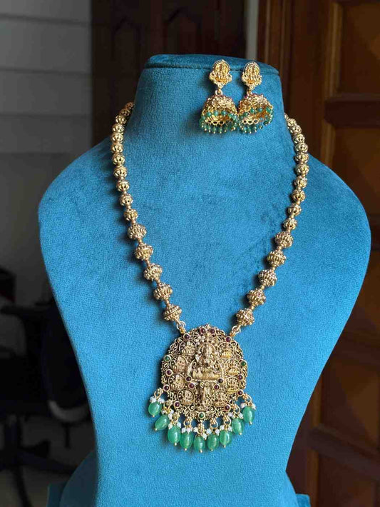 Middle Length Chettinad Haram Matte Finish AshtaLakshmi Pendent with green Beads H0038-CJ49