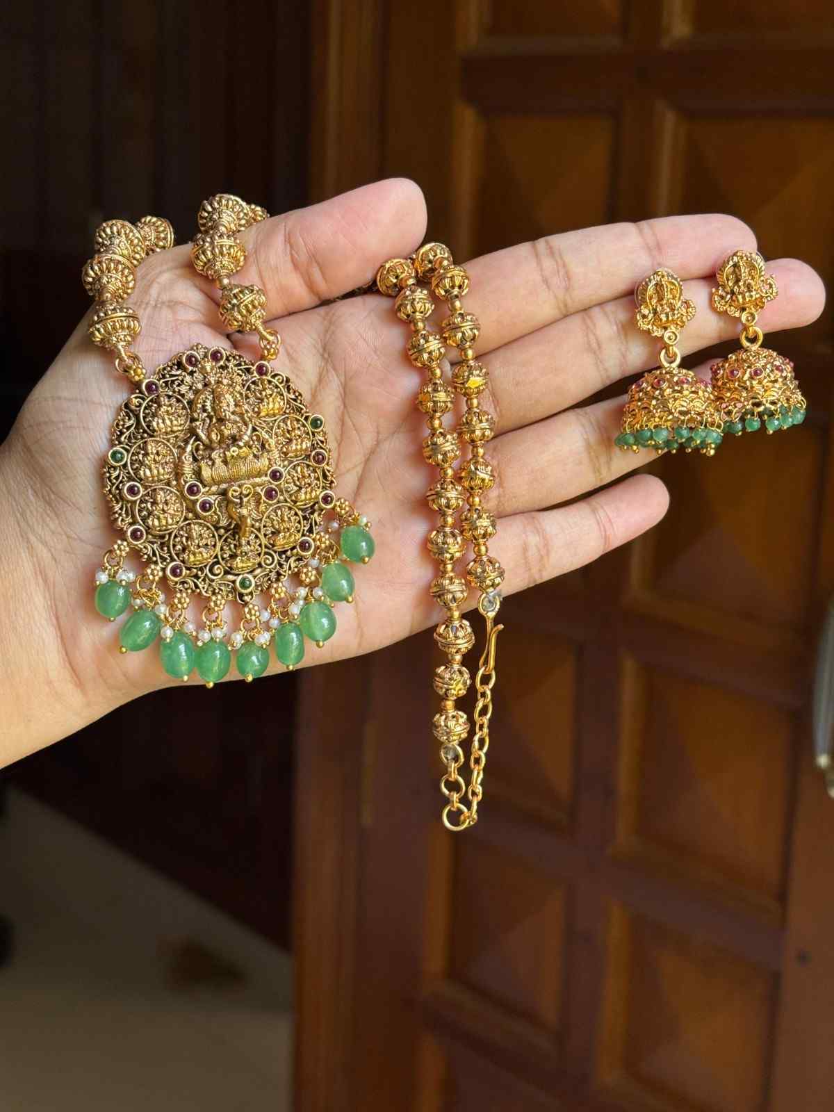 Middle Length Chettinad Haram Matte Finish AshtaLakshmi Pendent with green Beads H0038-CJ49