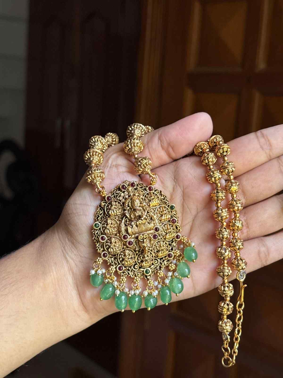 Middle Length Chettinad Haram Matte Finish AshtaLakshmi Pendent with green Beads H0038-CJ49