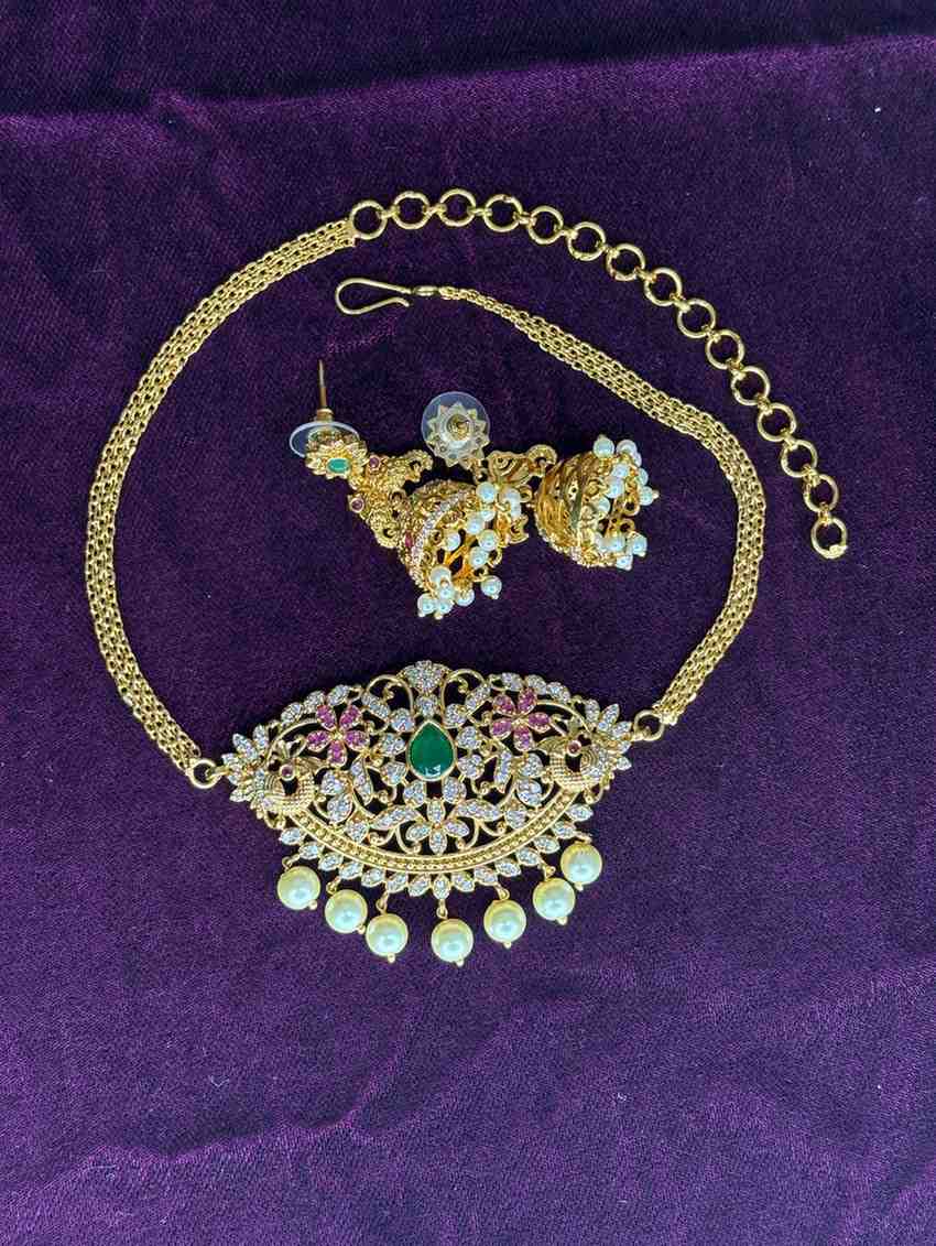 Floral Pattern Stone Chocker with earrings N0258-I41