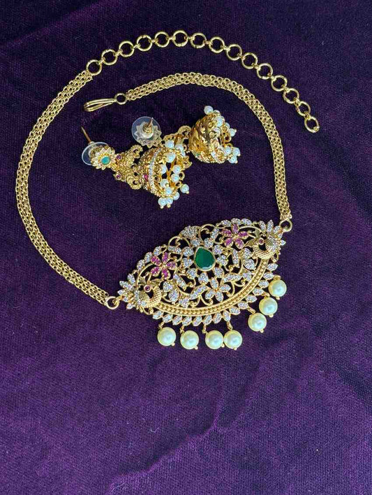 Floral Pattern Stone Chocker with earrings N0258-I41