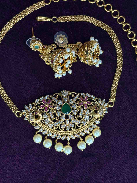 Floral Pattern Stone Chocker with earrings N0258-I41