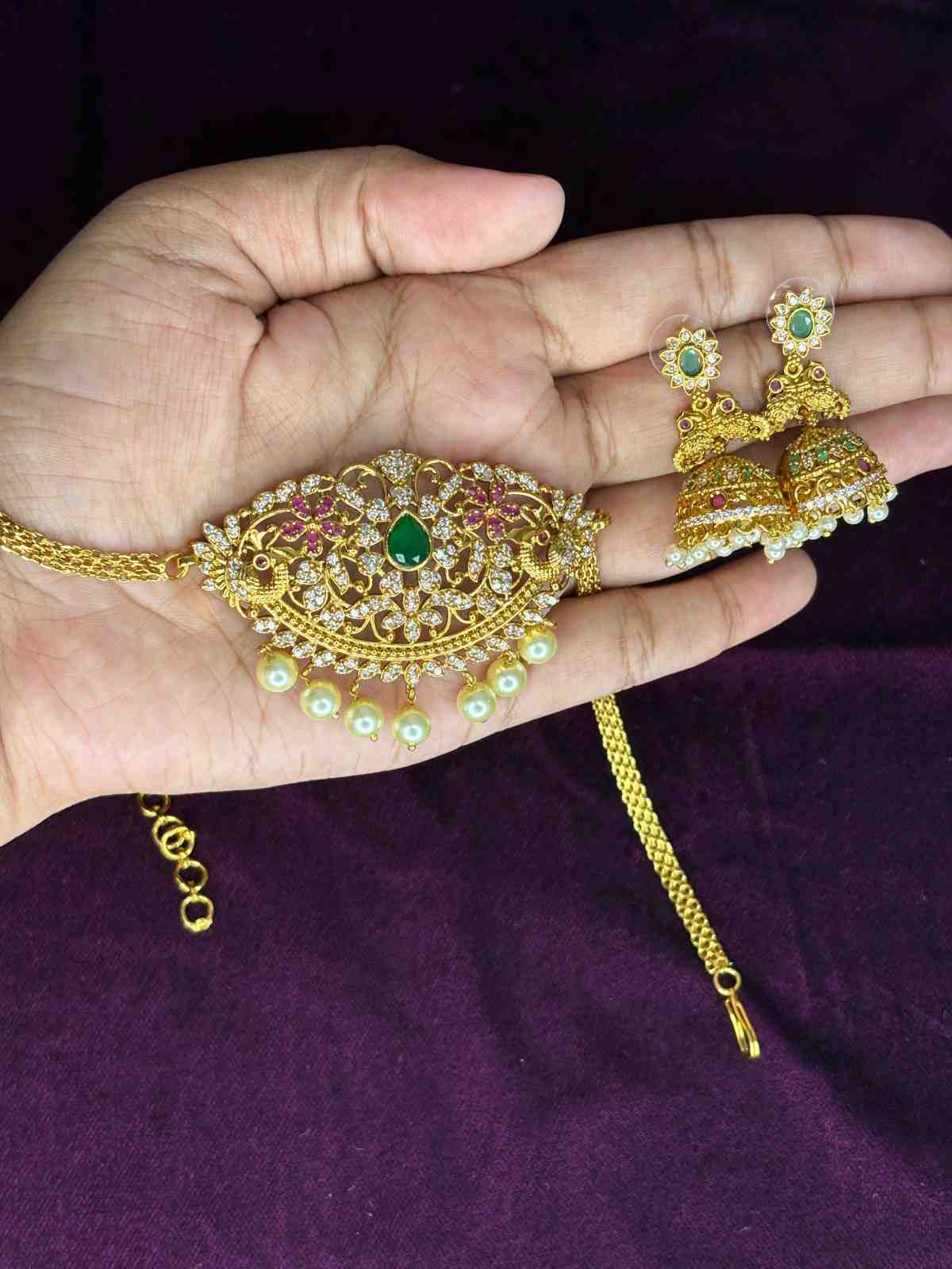 Floral Pattern Stone Chocker with earrings N0258-I41